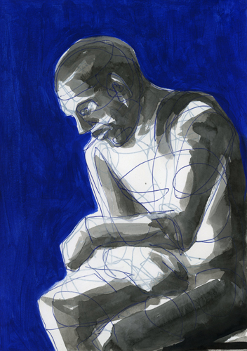 Nachdenkender . 2014 Kuli Tusche und Ă–l auf Papier . 30 x 20 cm