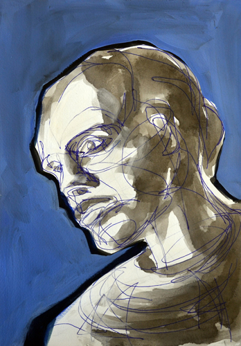 Frauenkopf . 2015<br>Kuli, Acryl und Öl auf Papier . 30 x 20 cm
