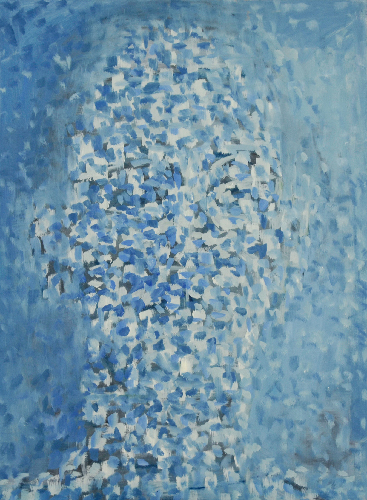 Hellblau aufgelöster Kopf II . 2021
Öl auf Holz . 70 x 52 cm